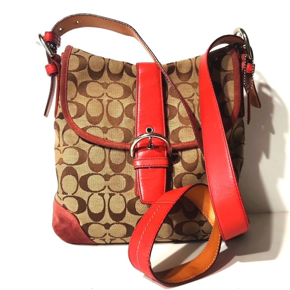 Coach Canvas Suede Signature C Red Crossbody Shoulder Bag - Picture 12 of 13